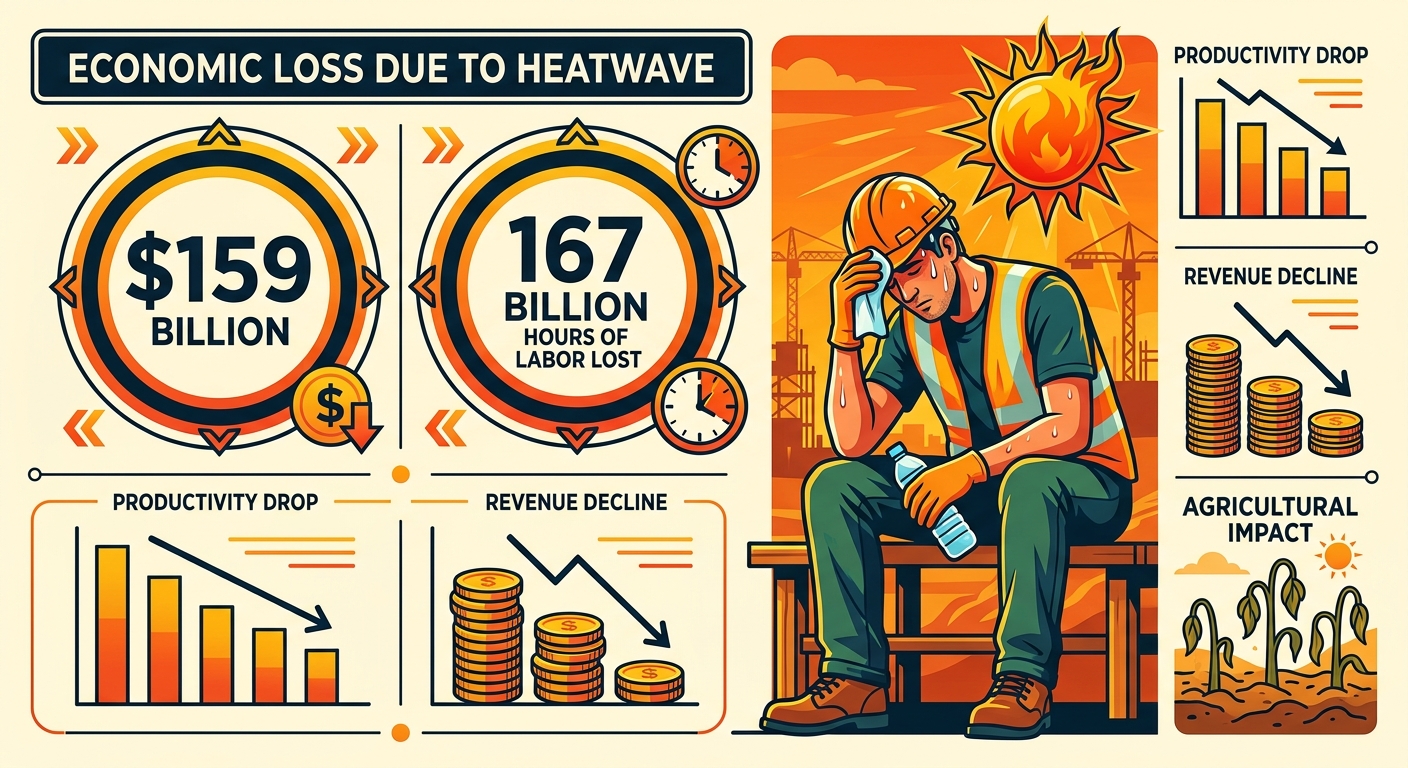 An infographic showing the economic loss due to heatwave, with specific numbers like $159 billion and 167 billion hours of labor lost. Visually represent a worker struggling in the heat.