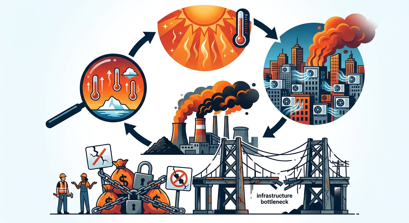 An infographic illustrating the 'heat-power trap' cycle: heatwave -> more AC -> more coal power -> more emissions -> more heatwave. Also show a visual metaphor for financial constraints hindering infrastructure upgrades.