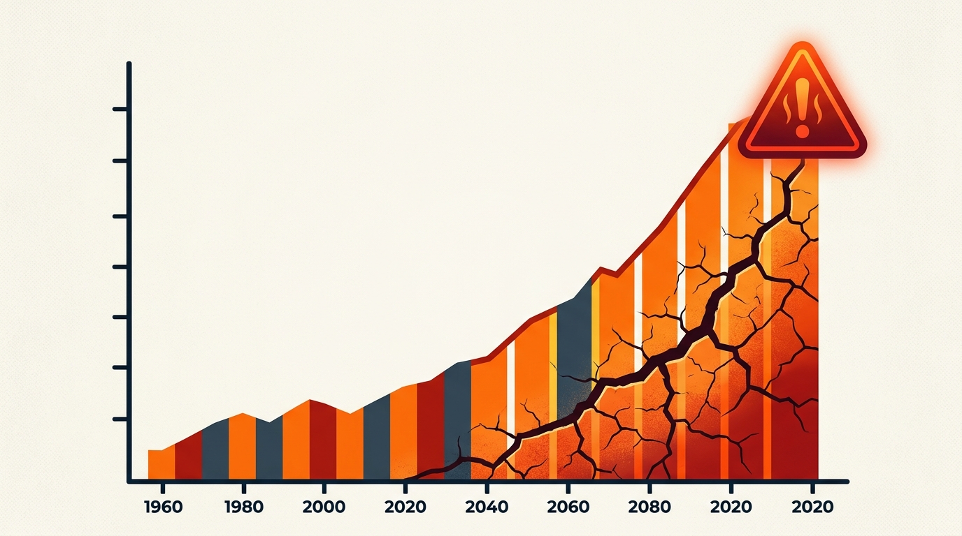 A graph showing the increasing trend of heatwave days or intensity in India over recent decades, overlaid with a warning sign or a cracked surface to represent vulnerability.
