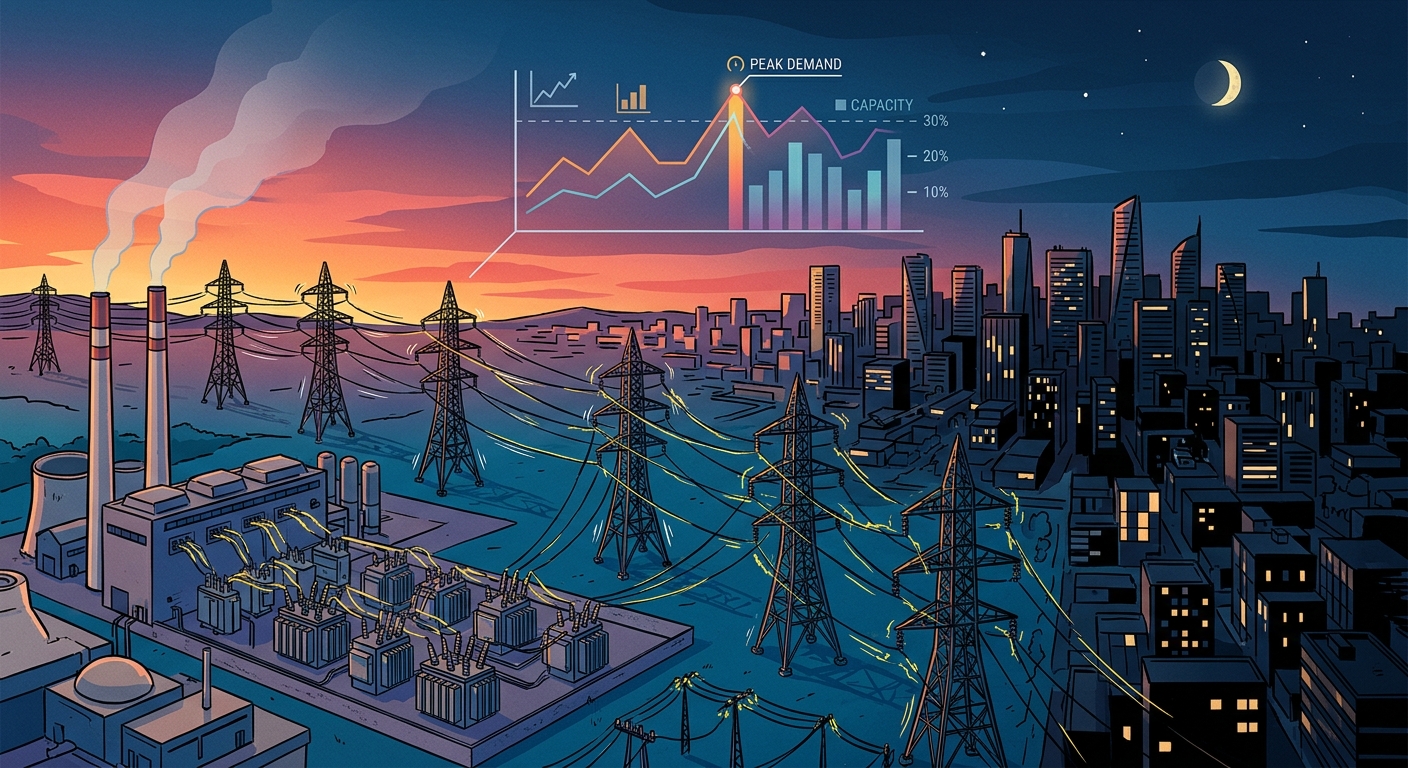 A visual representation of an overloaded power grid, with high-voltage lines and power stations, perhaps with a background of a city experiencing a blackout or flickering lights. Include a data overlay showing peak demand statistics.
