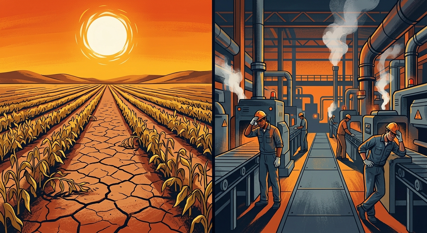 Split image showing wilting crops in a field under a scorching sun, and a factory floor with workers looking distressed or equipment appearing strained.
